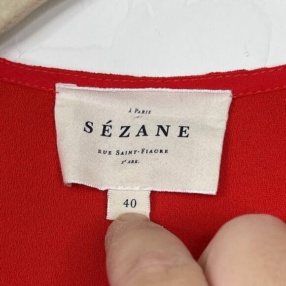Sezane Size 40 Medium Eloine Blouse Top Red Short Sleeve Tie Button Up V Neck - Picture 9 of 11